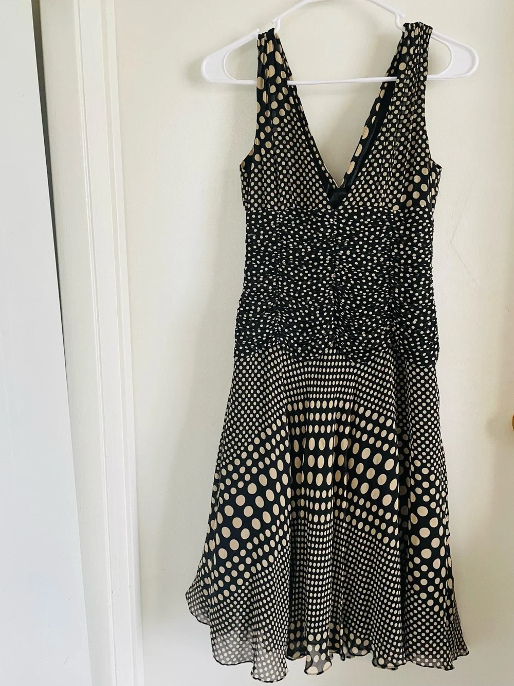 Black and Cream Polka-Dot Midi Dress with V-Neck - Picture 2 of 3